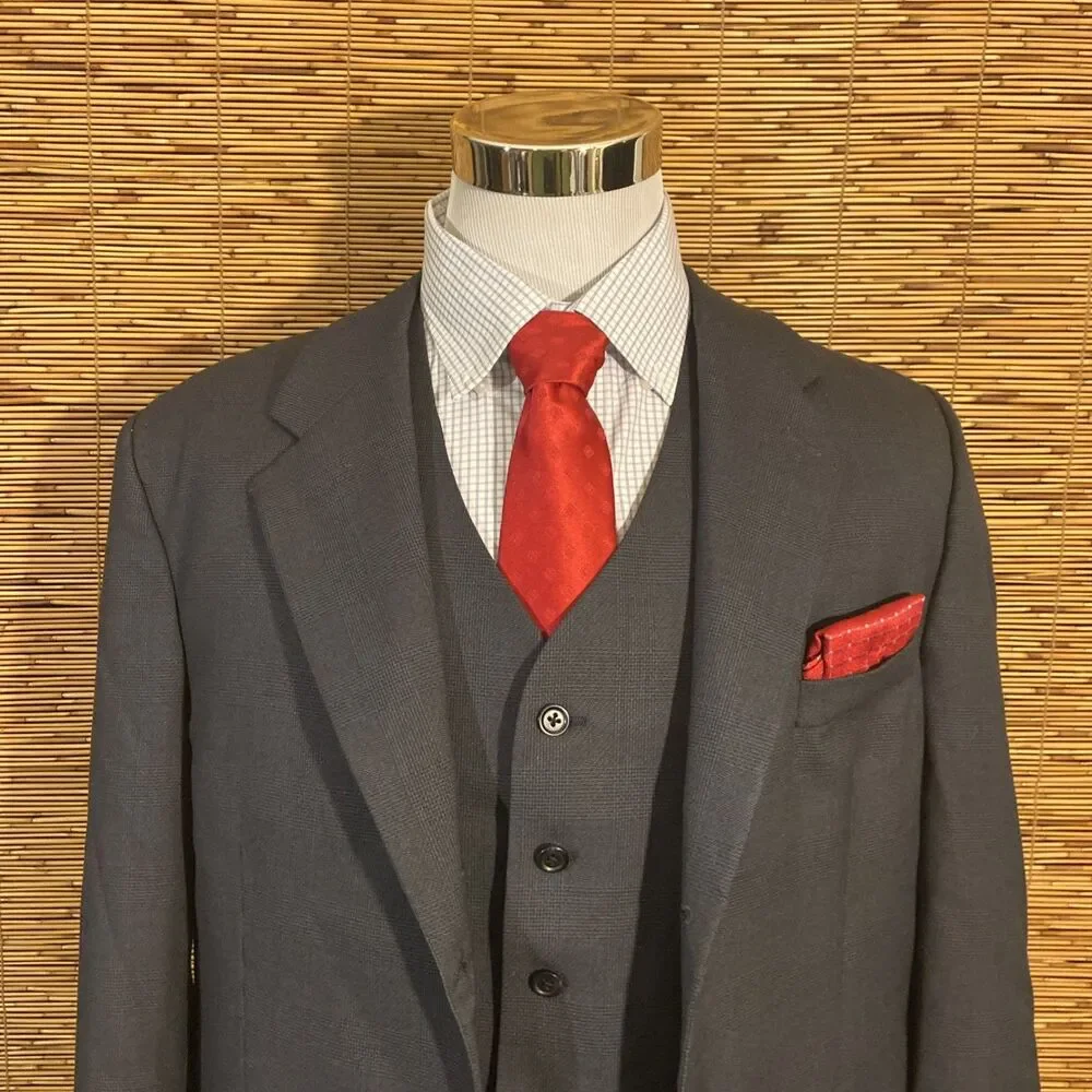 Elegant 3 Piece Suit Men’s 44 Wool Black Glen plaid Houndstooth Canada Made